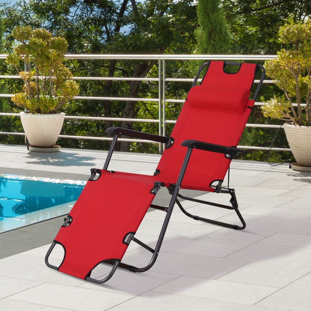 2 in 1 Folding Sun Lounger Reclining Garden Chair with 2-Level Adjustable Backrest, Outdoor Zero Gravity Recliner Garden Chair with Head Pillow and Armrests, Red