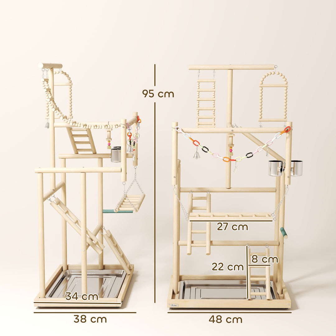 95 cm Wooden Bird Playground with Ladders, Chain Toy, Stainless Steel 