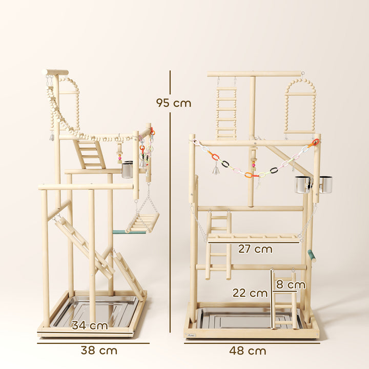 95 cm Wooden Bird Playground with Ladders, Chain Toy, Stainless Steel 