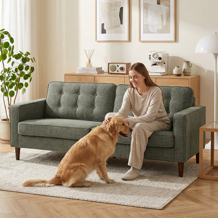 3 Seater Sofa Button Tufted Upholstered Couch with Wood Legs for Livin