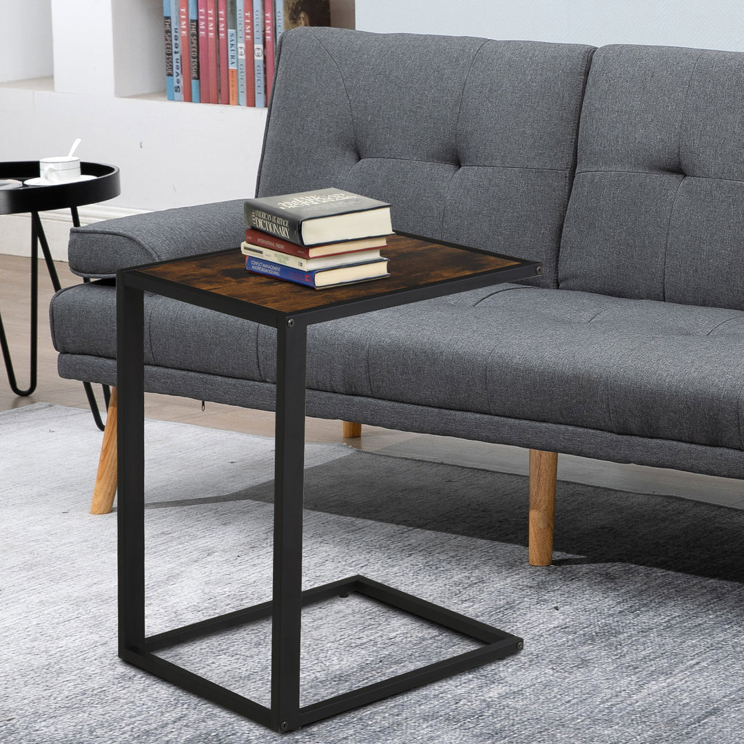 C-Shaped Side Table, Bedside Table with Metal Frame, Accent Sofa Couch Table for Living room, Bedroom, Brown and Black