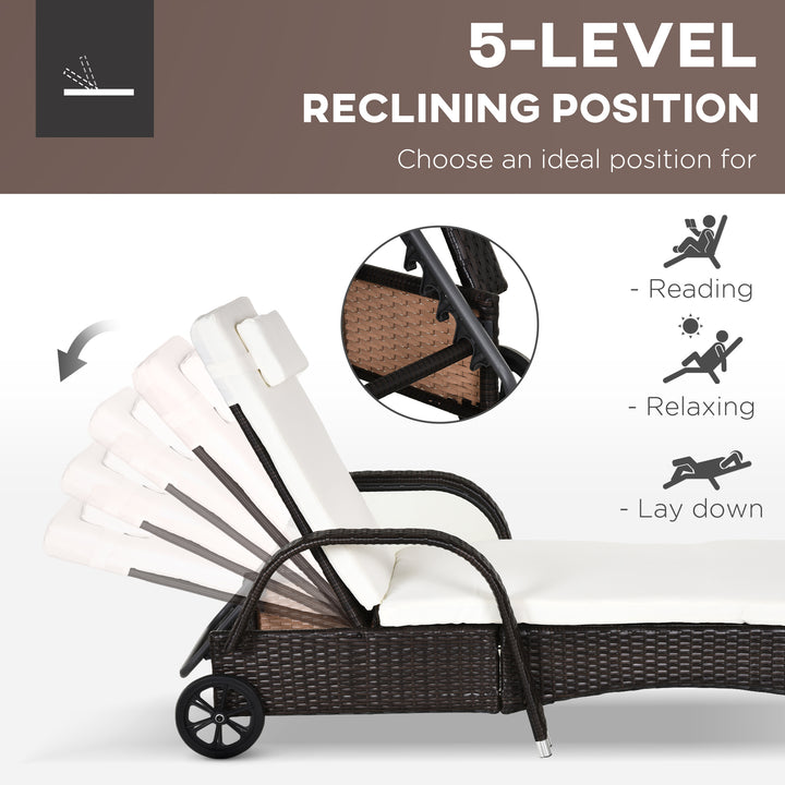 MCL 3 Pieces PE Rattan Patio Lounge Chair Set, Outdoor Recliner Lounge Chairs with Wheels, for Outside with Cushions, Headrest, Coffee Table for Garden, Poolside, Brown