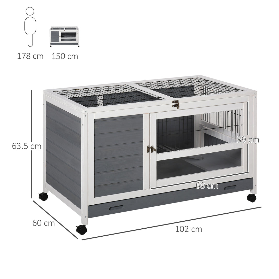 PawHut Wooden Guinea Pigs Hutches Elevated Pet Bunny House Rabbit Cage with Slide-Out Tray Indoor Grey | Aosom UK