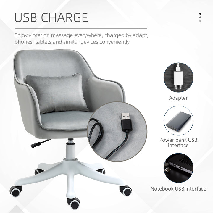 Velvet Office Chair, Desk Chair, Makeup Vanity Chair with Massage Lumbar Pillow and Rolling Wheels for Bedroom and Home, Grey