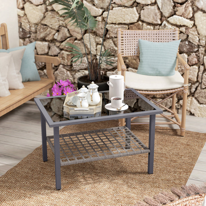 Outdoor Rattan Coffee Table with Tempered Glass Top, Storage Shelf, Foot Pads, for Patio, Balcony, Mixed-grey