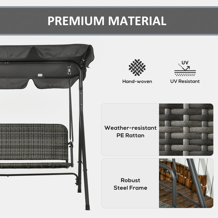 3-Seater Outdoor PE Rattan Swing Chair, Patio Wicker Hanging Swing Bench with Steel Frame Stand & Adjustable Canopy, Grey