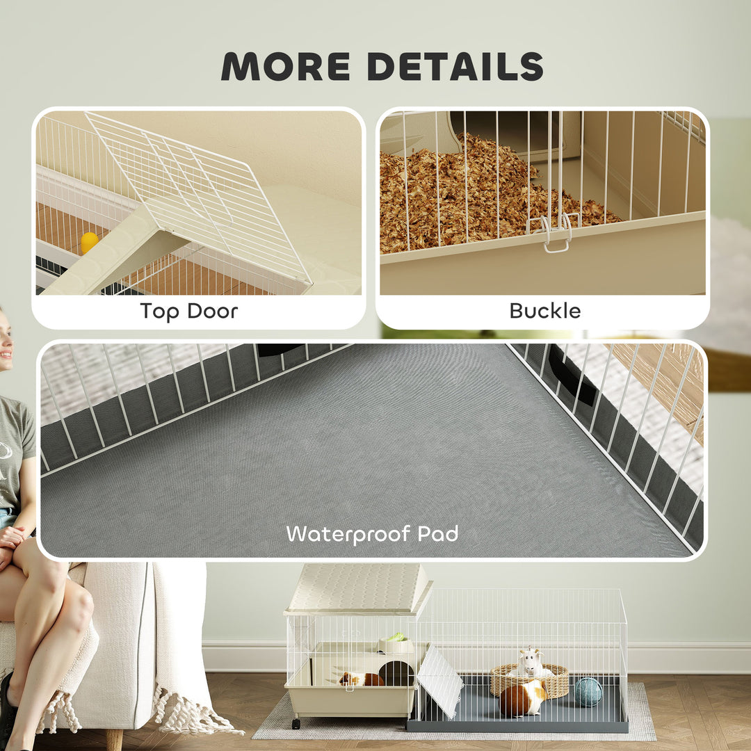 Small Animal Cage with Removable Pet Playpen, Guinea Pig Cage with Waterproof Pad, Hay Feeder, 108 x 71 x 57cm, Beige