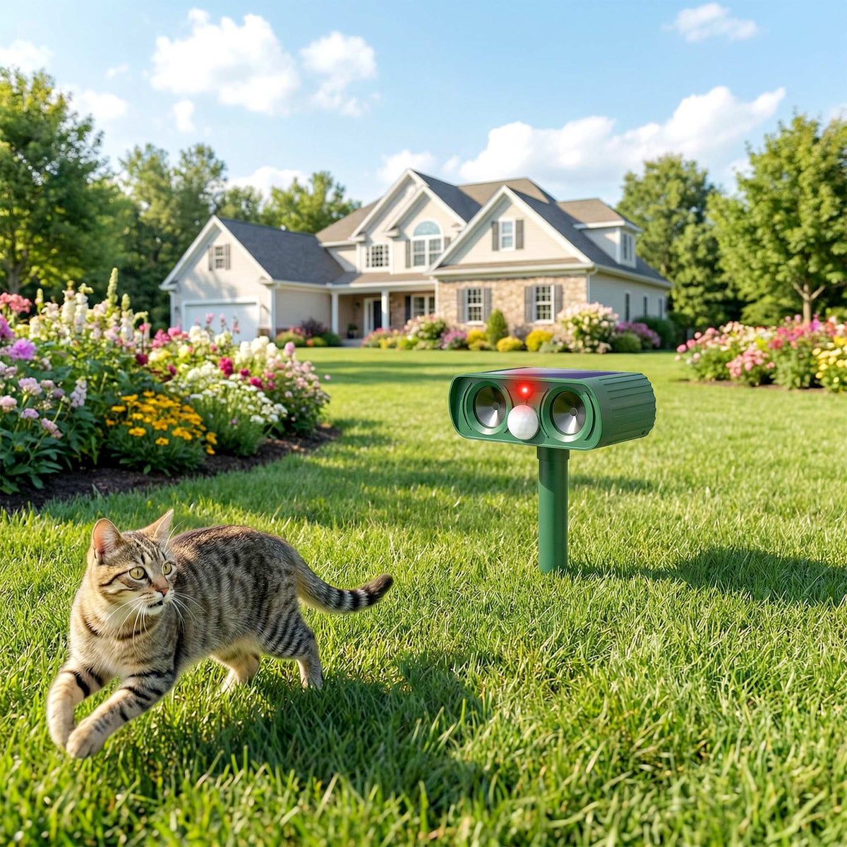 Ultrasonic Cat Repellent, PIR Motion Sensor 110°, LED Flash, Solar Cat