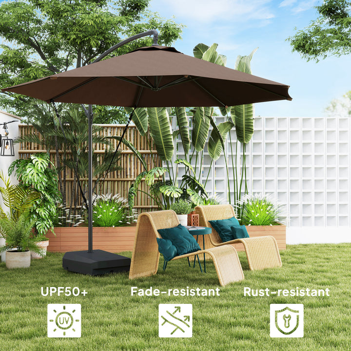 3(m) Garden Cantilever Parasol with Fillable Base up to 90kg, Wind Protection Strap, Cover, Round Banana Hanging Umbrella with Crank Handle and Tilt, UPF50+ Patio Umbrella, Brown