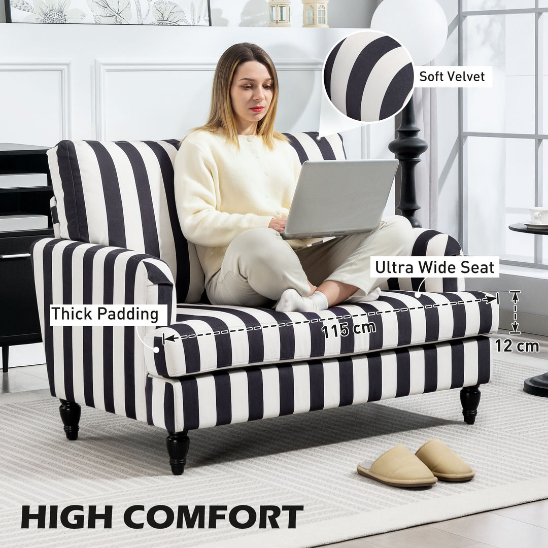 Modern Cuddle Chair, Velvet Single Sofa Armchair with Stripe, Turned Legs and Wide Seat, Upholstered Snuggle Chair for Living Room, Bedroom, Black and White