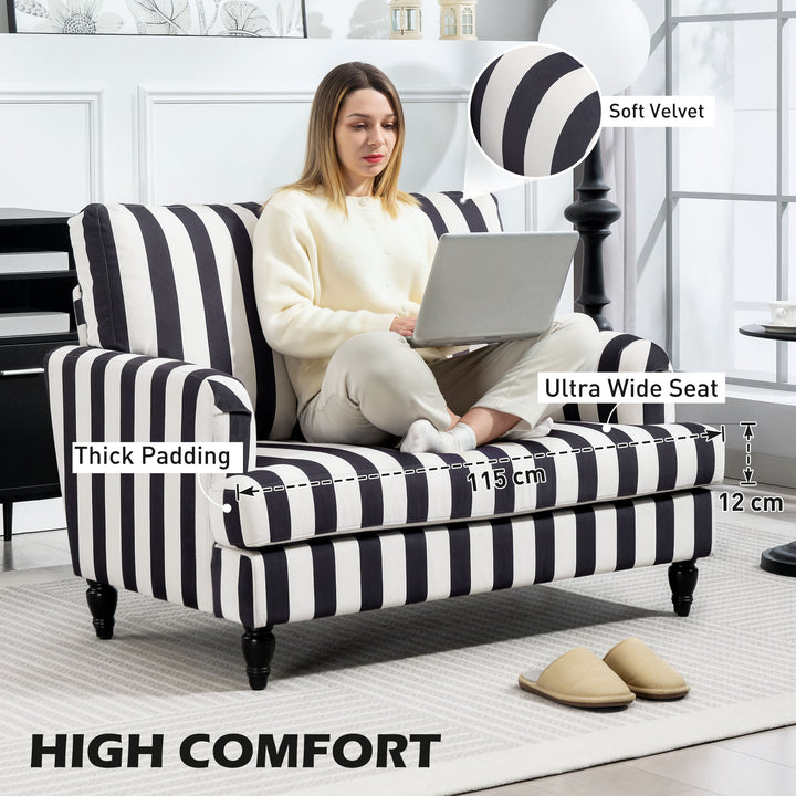 Modern Cuddle Chair, Velvet Single Sofa Armchair with Stripe, Turned Legs and Wide Seat, Upholstered Snuggle Chair for Living Room, Bedroom, Black and White