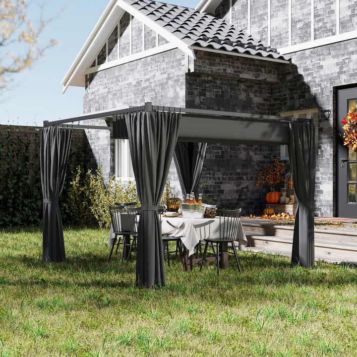 Outsunny 3 x 3(m) Retractable Pergola, Garden Gazebo Shelter with Curtains, for Grill, Patio, Deck, Charcoal Grey