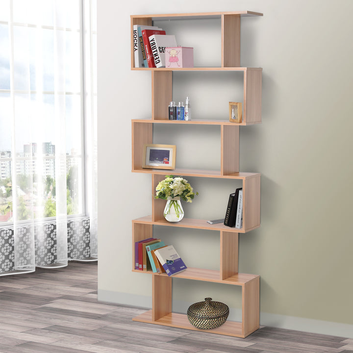 Bookcase, 6 Tier Shelf S Shaped Bookshelf, Storage Unit, Display Shelf for Living Room, Bedroom, Home Office, Plant, Maple