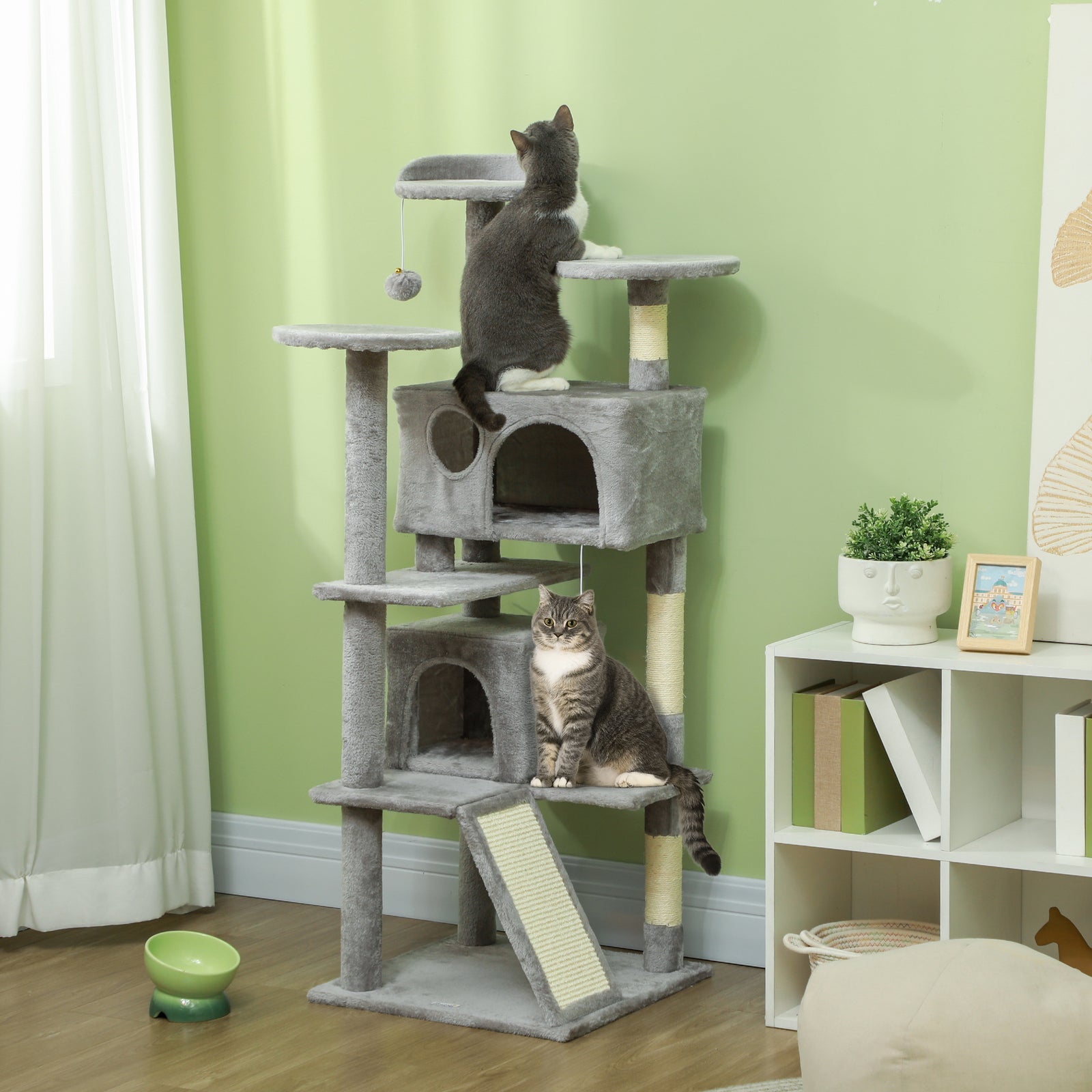 138cm Cat Tree, Multi-Level Cat Tower with Scratching Posts and Pad, Bed, Condos, Platforms, Toy Balls, Light Grey