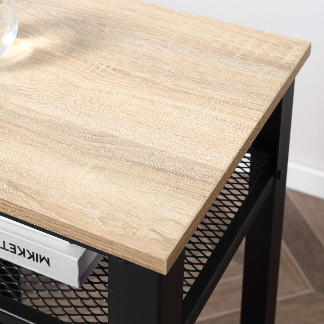 MCL Tall Side Table with 3 Layer, 2 Shelves Storage Display Industrial-Style, Metal Frame, Bedside End Table for Living Room Bedroom, Oak and Black