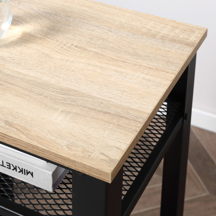 MCL Tall Side Table with 3 Layer, 2 Shelves Storage Display Industrial-Style, Metal Frame, Bedside End Table for Living Room Bedroom, Oak and Black