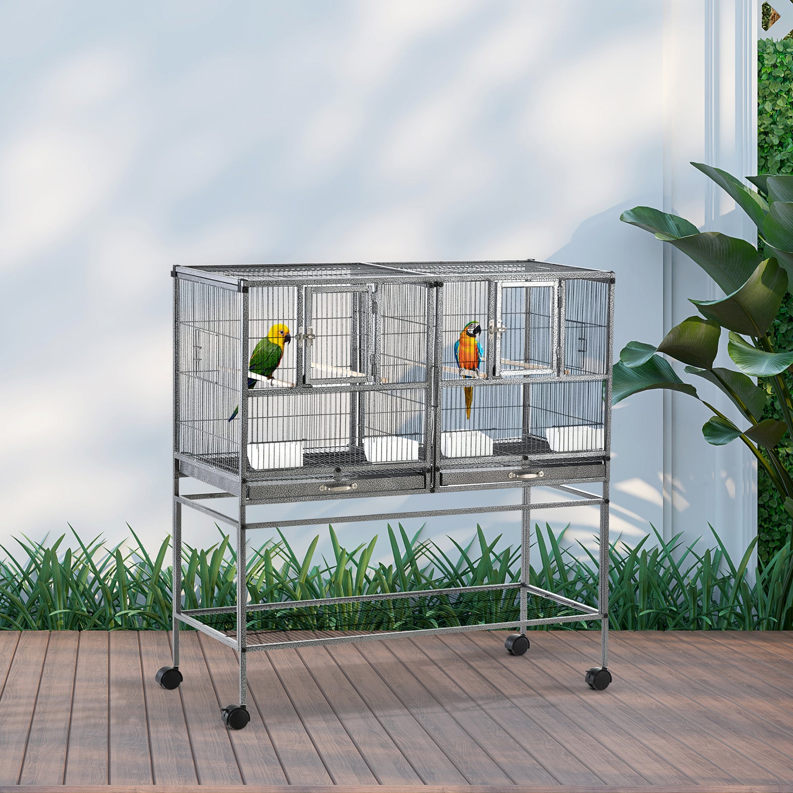 Large Bird Cage Parrot Cage with Divider, Slide Tray for Finch Canaries Parakeets Cockatiels, 95 x 45.5 x 102 cm