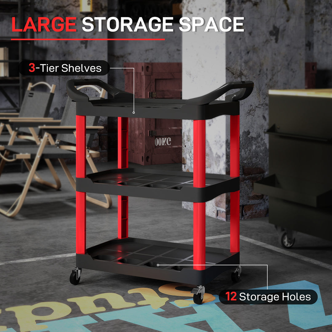 3-Tier Rolling Tool Cart, Tool Trolley on Wheels, Plastic Mobile Service Utility Cart with Handles for Garage, Mechanics and Warehouse, 91kg Capacity, Black and Red