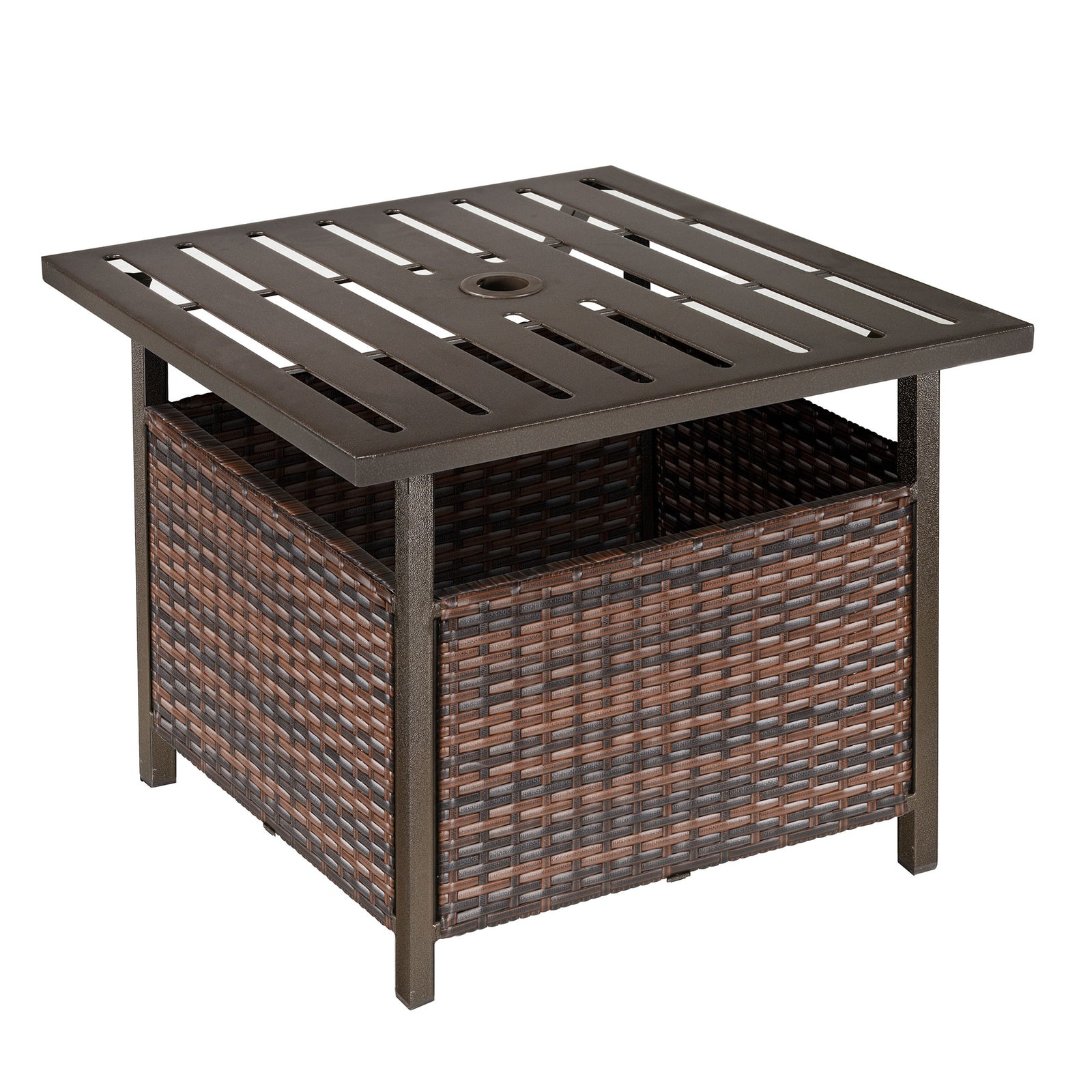 Rattan Garden Coffee Table, 55.5 cm Square Wicker Patio Side Coffee Table with 4 cm Umbrella Hole, Metal Bottom and Slatted Top for Outdoor, Balcony, Brown