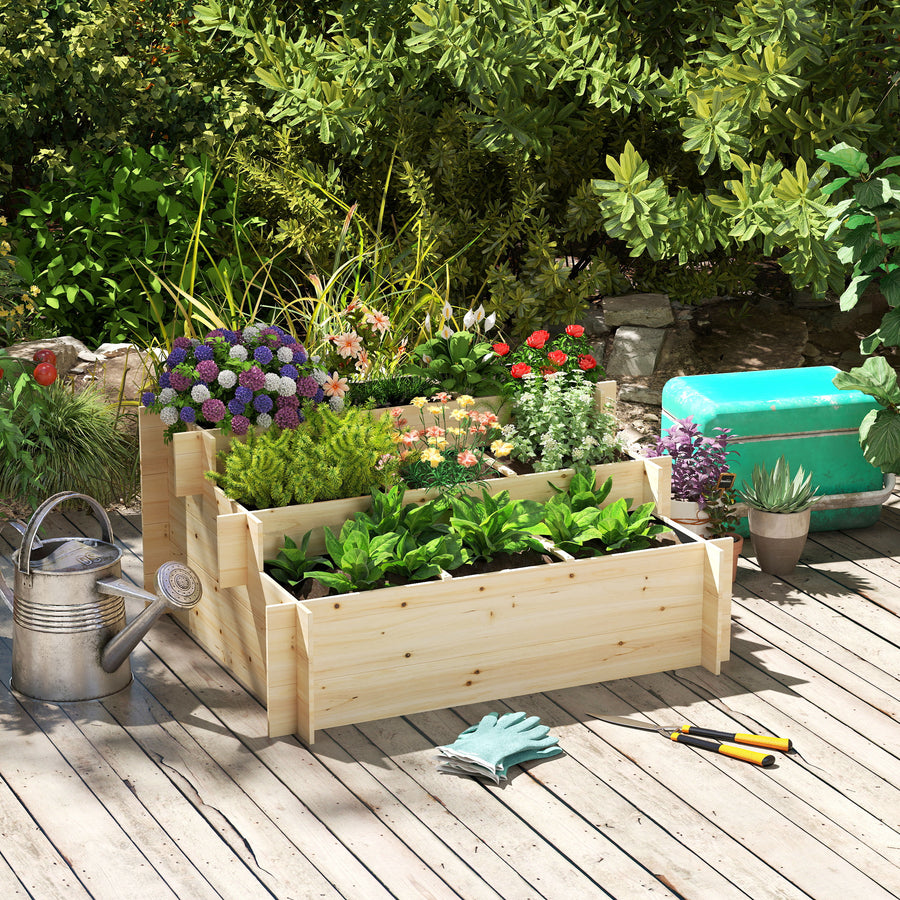 117cm x 100cm x 54cm 3 Tier Raised Garden Bed 376L Fir Wood Elevated Planter Flower Box with 9 Grow Grids and Non-woven Fabric for Vegetables, Flower, Herb Outdoor Indoor Use