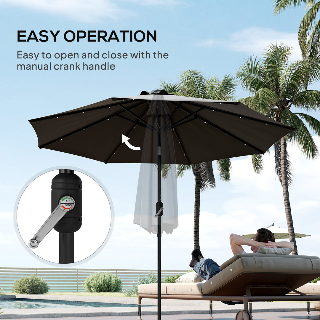 Φ2.7m Garden Parasol Solar Outdoor Tilt Sun Umbrella Patio Sun Shade w/ 24 LED Light, Hand Crank and 8 Ribs, Black