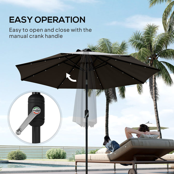 Φ2.7m Garden Parasol Solar Outdoor Tilt Sun Umbrella Patio Sun Shade w/ 24 LED Light, Hand Crank and 8 Ribs, Black