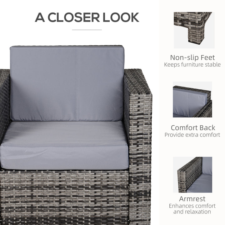 Single Seater Rattan Chair Sofa with 10 cm Thick Padded Cushion, All-Weather PE Wicker Weave Garden Armchair with Armrests, Grey