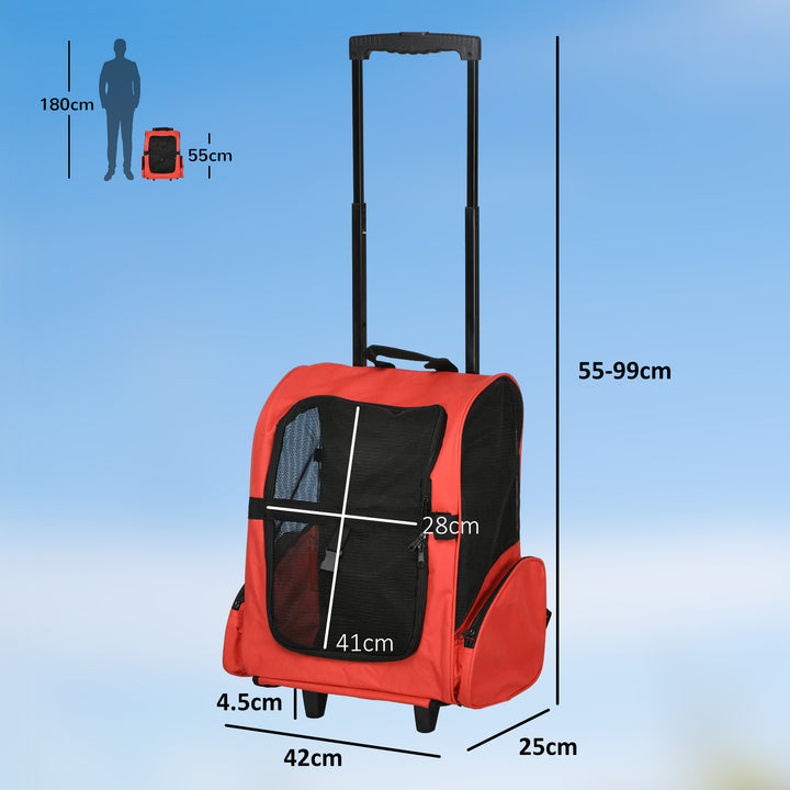 Pet Travel Backpack Bag Cat Puppy Dog Carrier w/ Trolley and Telescopic Handle Portable Stroller Wheel Luggage Bag (Red)