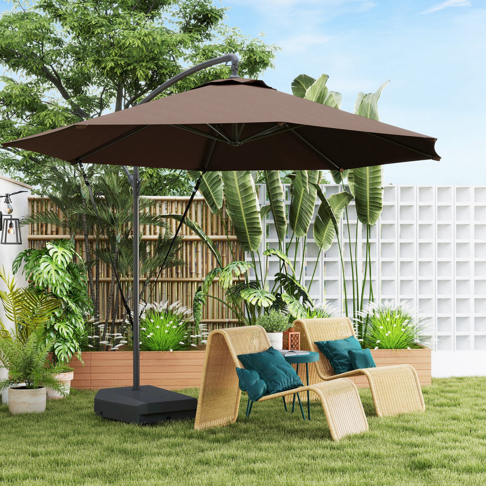 3(m) Garden Cantilever Parasol with Fillable Base up to 90kg, Wind Protection Strap, Cover, Round Banana Hanging Umbrella with Crank Handle and Tilt, UPF50+ Patio Umbrella, Brown