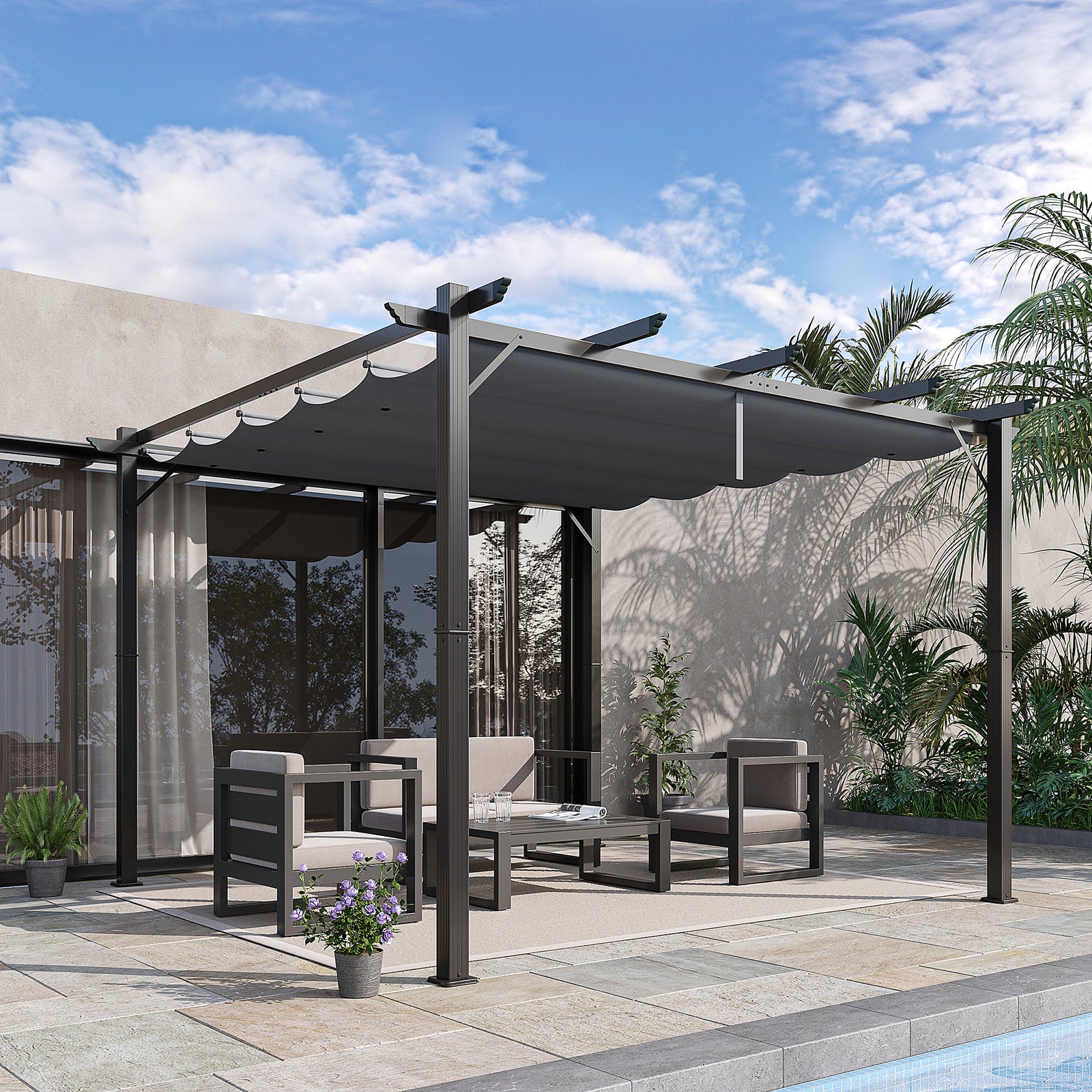 3 x 3 m Aluminum Gazebo, with Retractable Roof - Grey