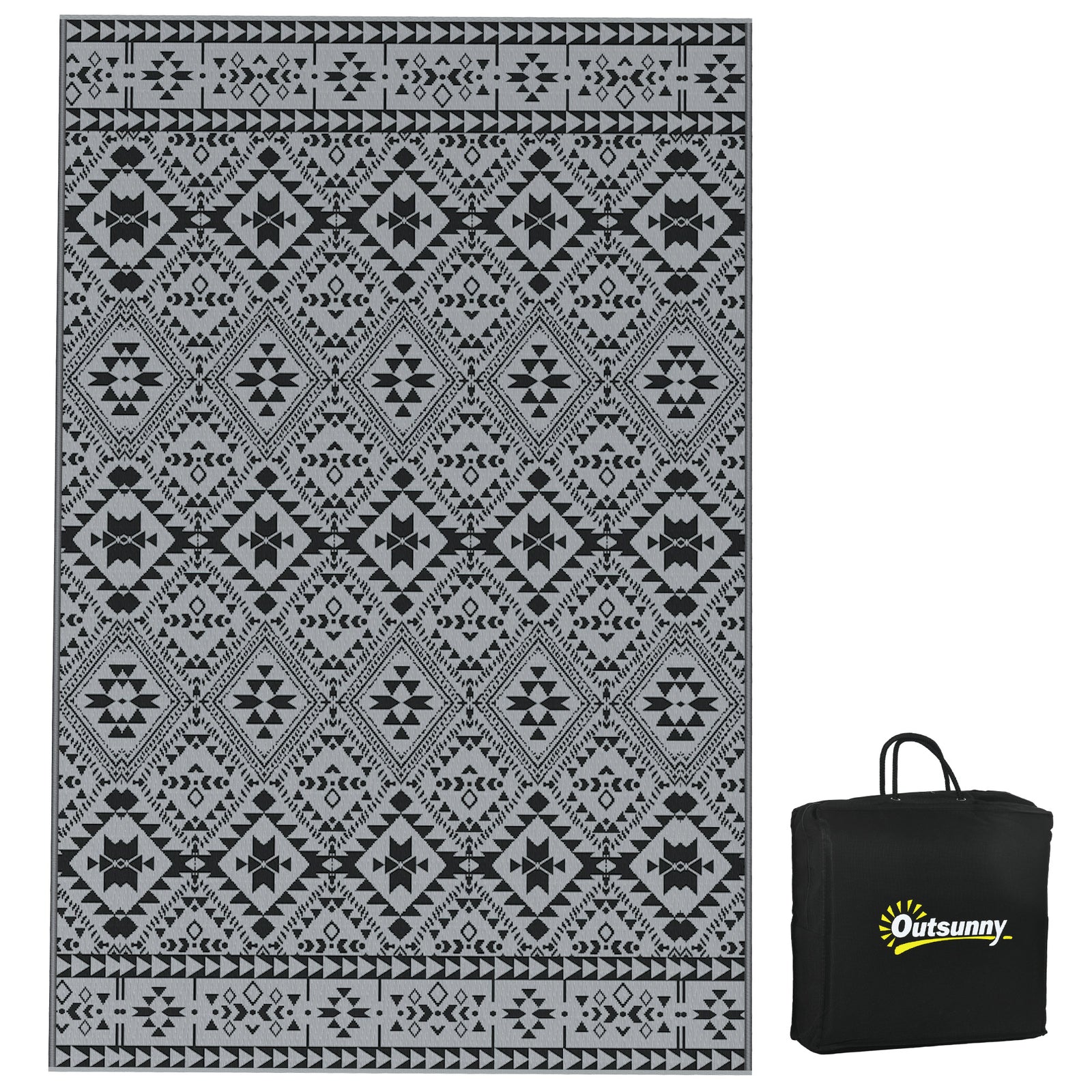 182 x 274cm Reversible Patterned Outdoor Rug, with Bag - Black/Grey