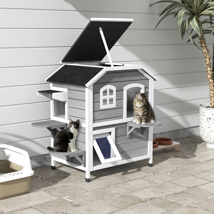 MCL 2-story Cat House Outdoor, Weatherproof Wooden Cat Enclosure for Feral Cats with Escape Door, Openable Roof, Jumping Platforms, Grey