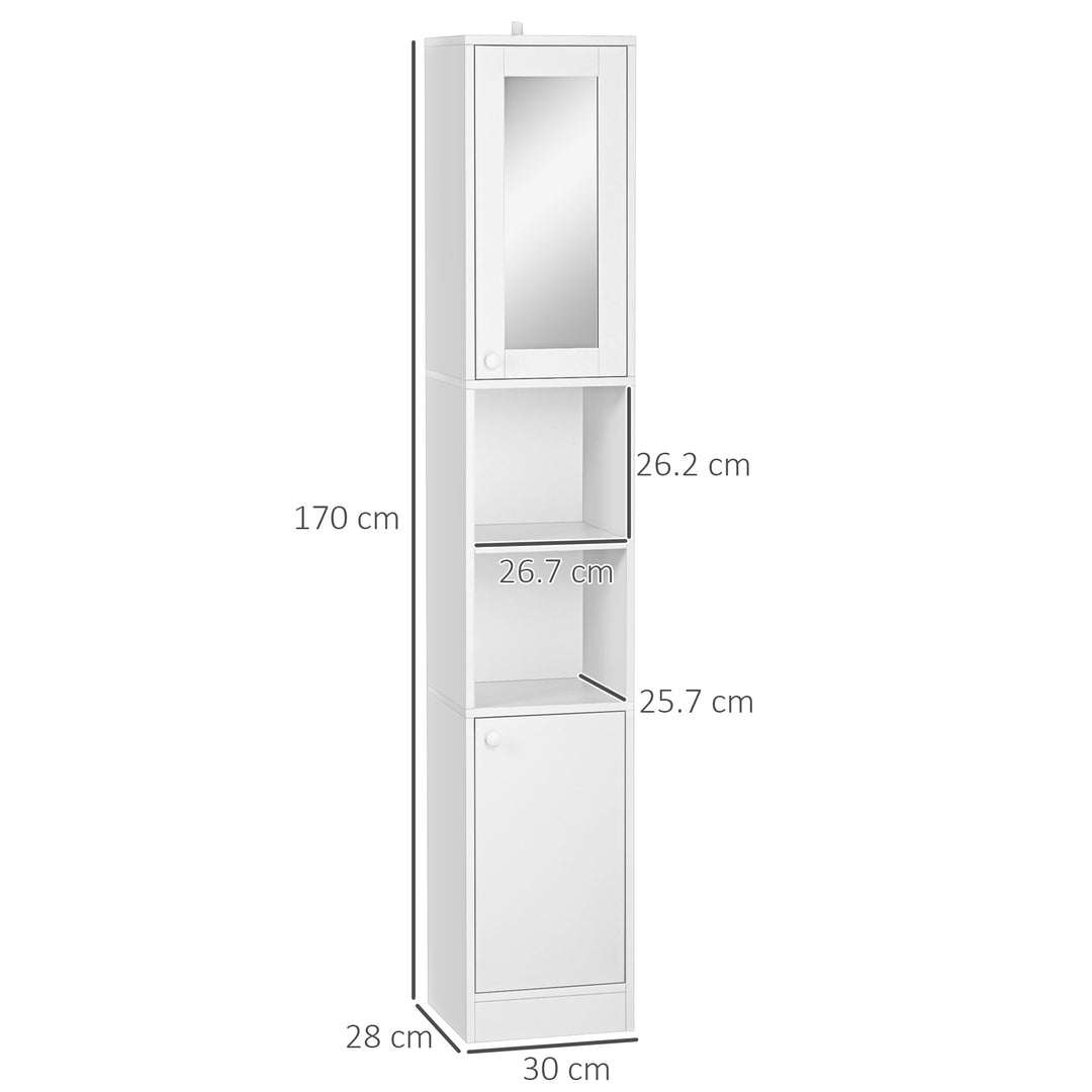 Tall Bathroom Storage Cabinet with Mirror, Narrow Bathroom Unit, Freestanding Bathroom Cupboard with Adjustable Shelves and 2 Doors, White