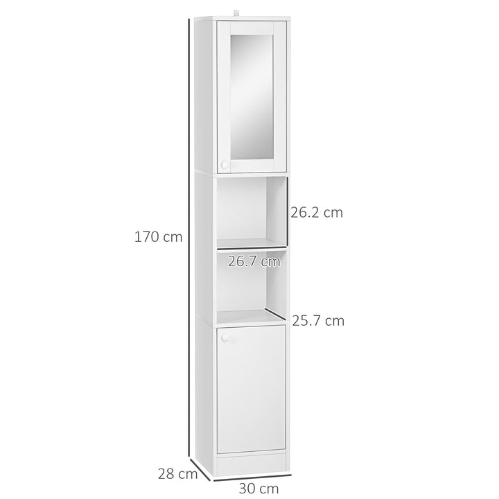 Tall Bathroom Storage Cabinet with Mirror, Narrow Bathroom Unit, Freestanding Bathroom Cupboard with Adjustable Shelves and 2 Doors, White
