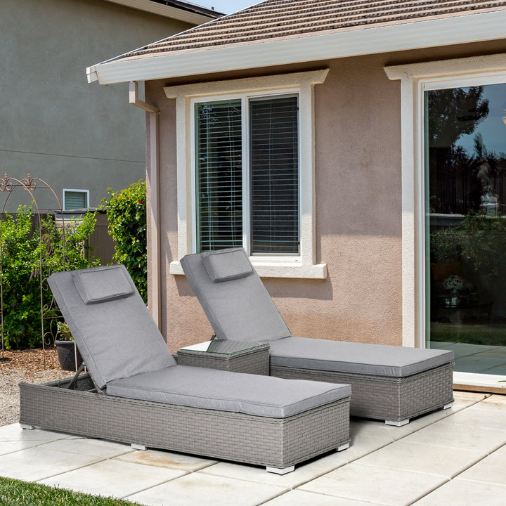 Outsunny 3 Piece Rattan Sun Lounger Set, Garden Furniture with Side Table, 5