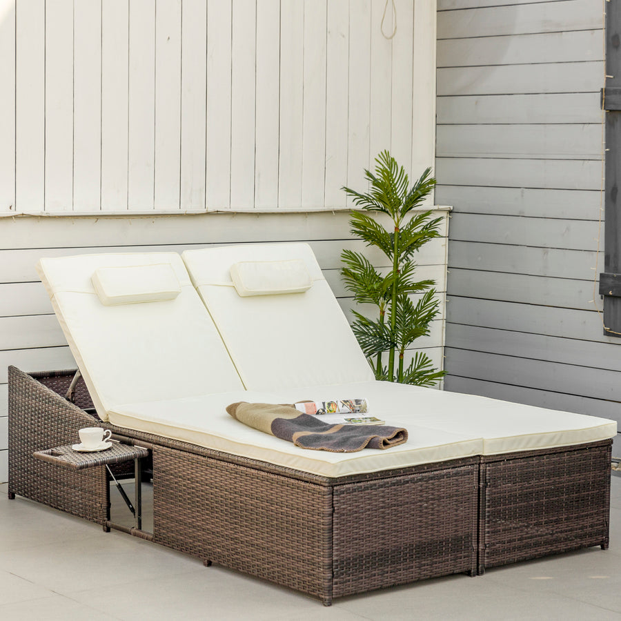 Double Rattan Sun Lounger, Garden Daybed with 5-Level Adjustable Backrest and Flip Side Trays, Wicker Outdoor Furniture Recliner with Cushions and Pillows for Patio, Cream White