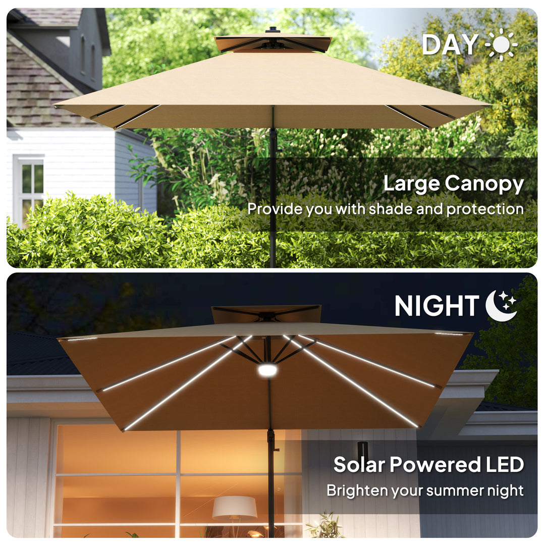 2.5m Cantilever Parasol with Solar Powered LED Lights, 360° Rotation, Tilt Adjustment, Crank Handle, Khaki