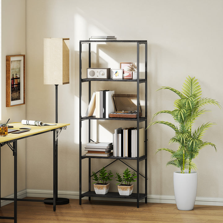 5-Tier Bookshelf, Industrial Bookcase with Metal Frame - Dark Grey and
