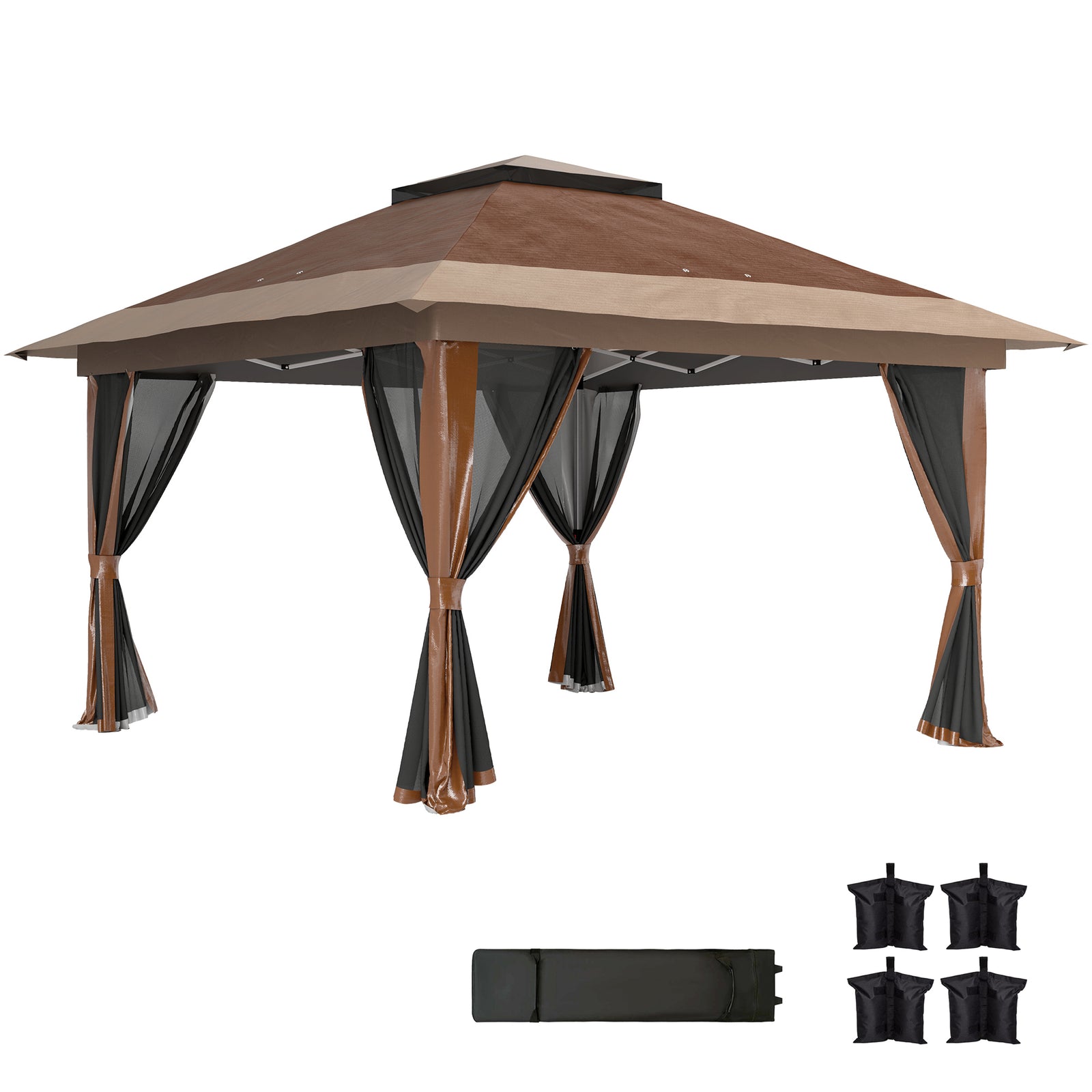 3.6 x 3.6m Pop-Up Gazebo, with Accessories - Brown