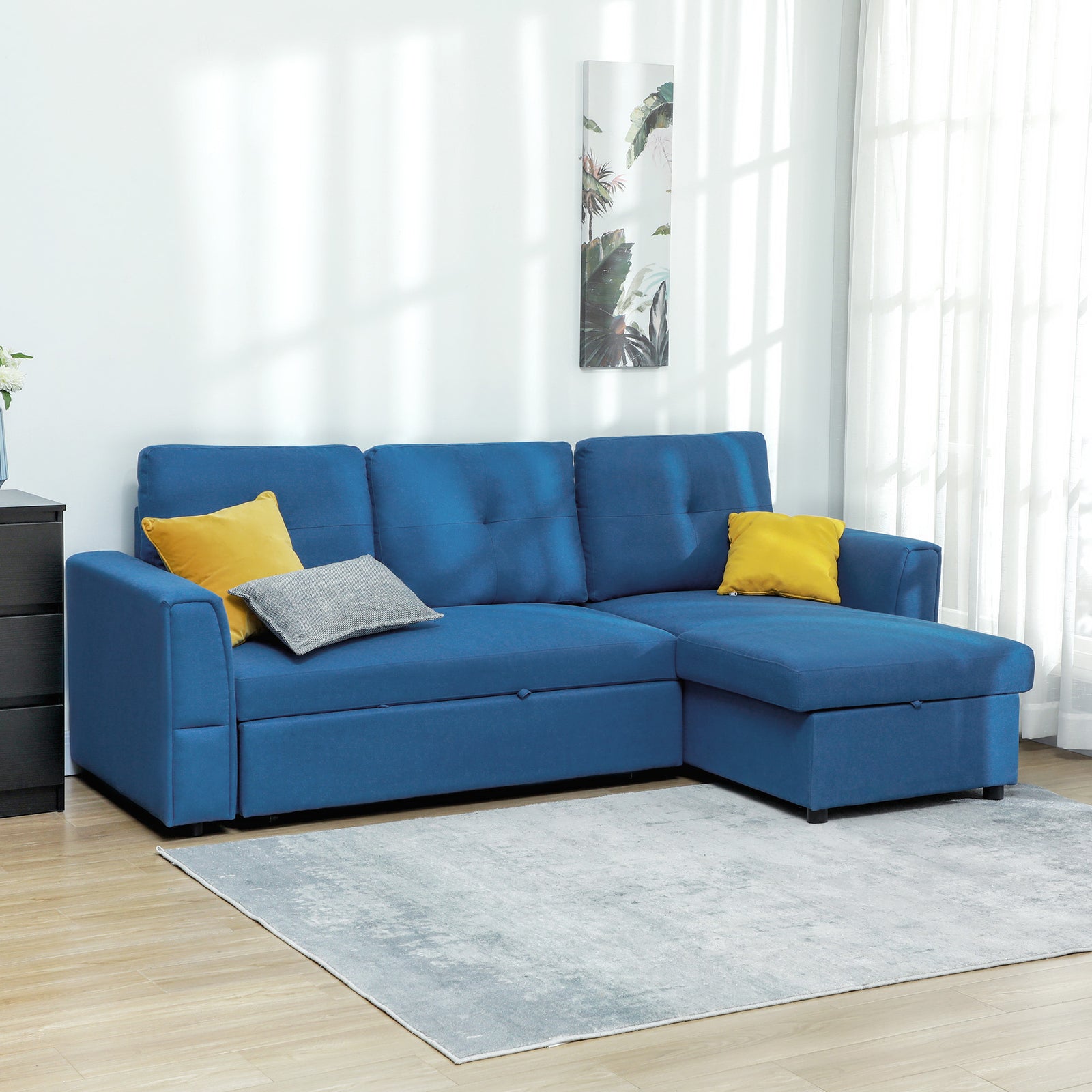 3 Seater Sofa Bed, L Shaped Pull Out Sofa Bed with Storage, Convertible Click Clack Settee Sectional Sleeper Futon for Living Room, Office, Dark Blue