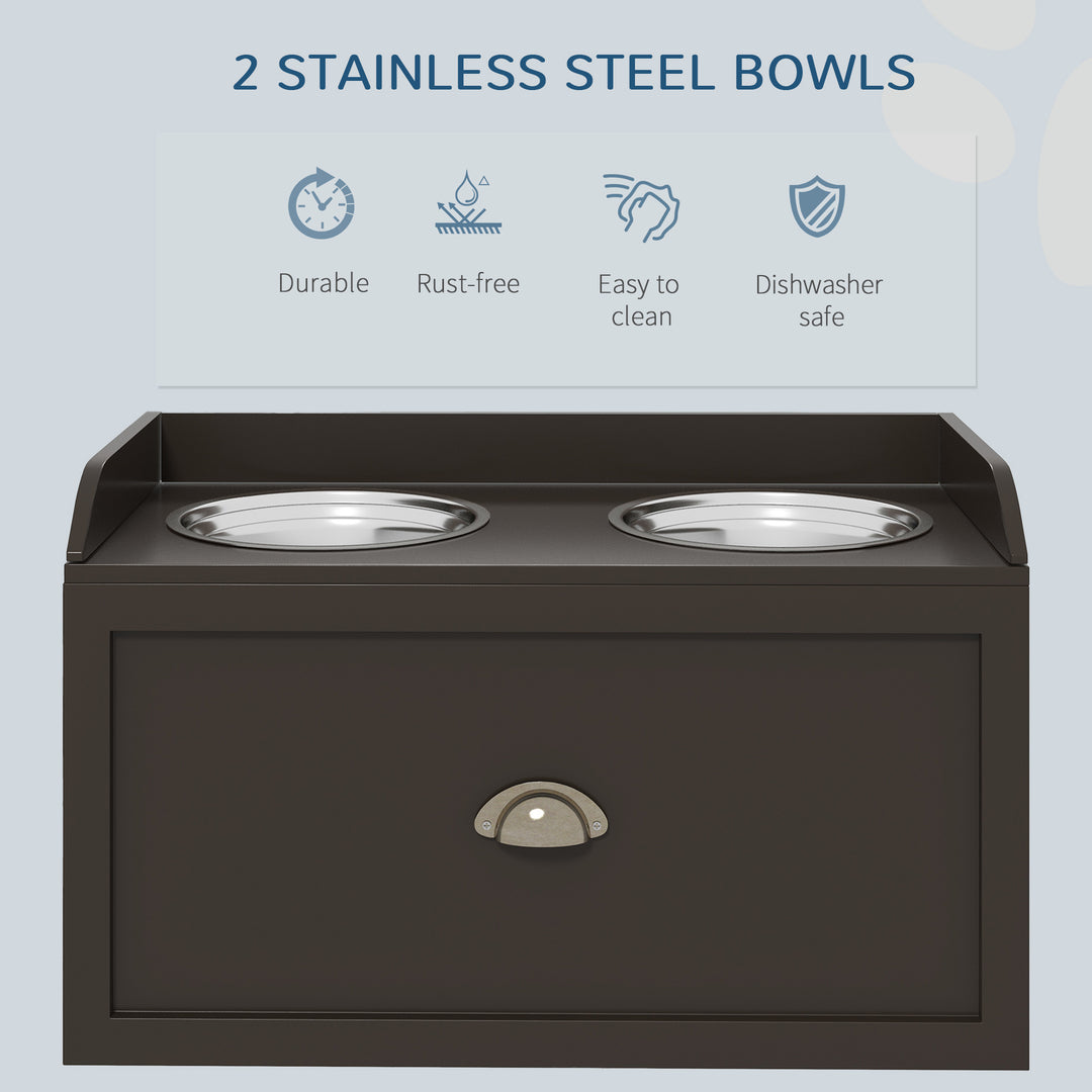 Stainless Steel Raised Dog Bowls, with 21L Storage Drawer for Large Dogs - Brown