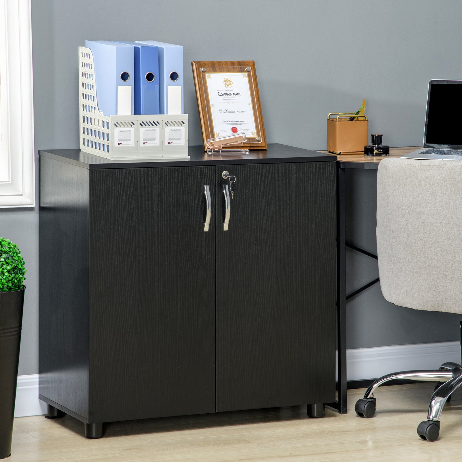 Two-Tier Locking Office Storage Cabinet - Black