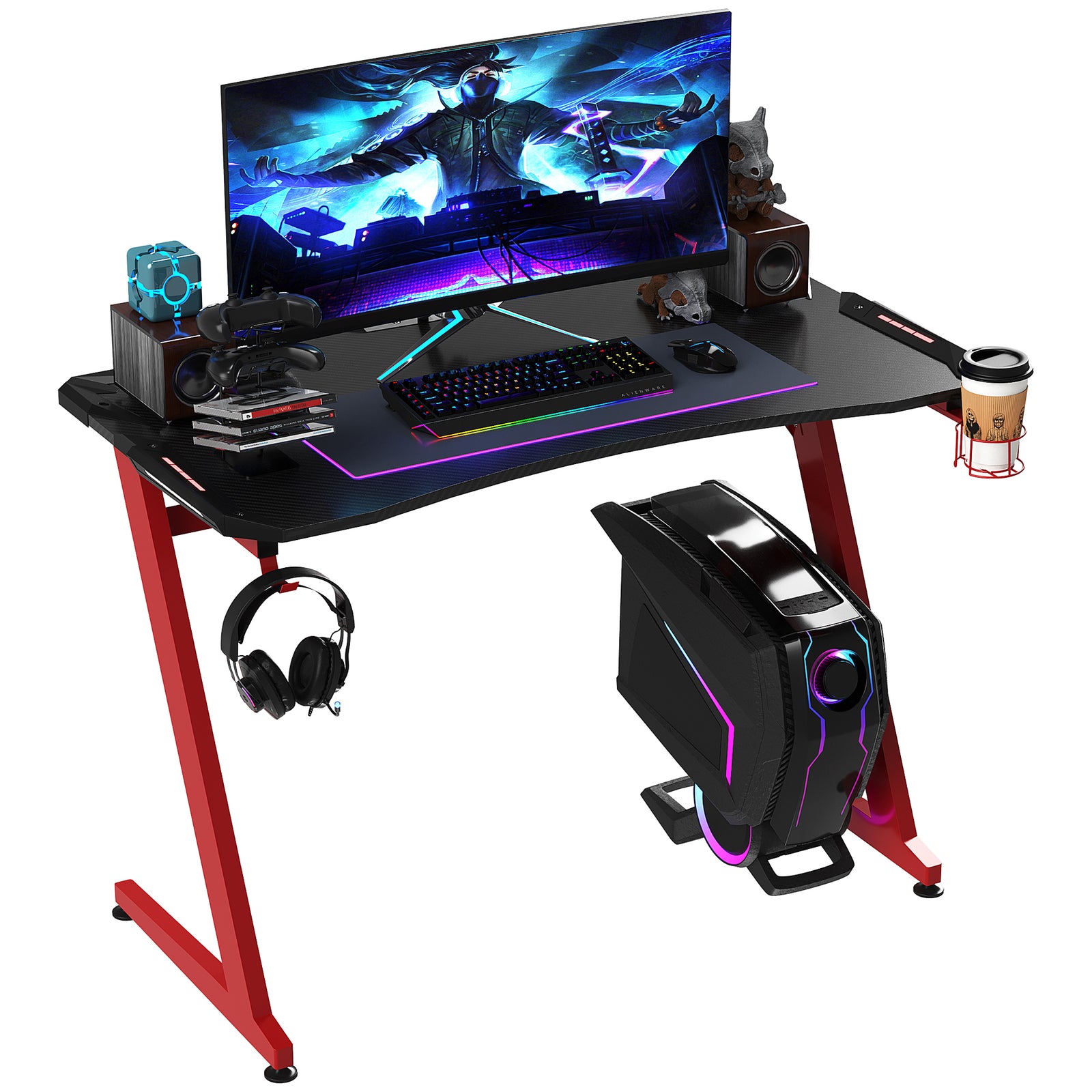 122 x 66 cm Gaming Desk, Carbon Fibre Covered Computer Desk, Gamer Workstation with Headphone Hook, Cup Holder and Gamepad Storage Rack, Black and Red