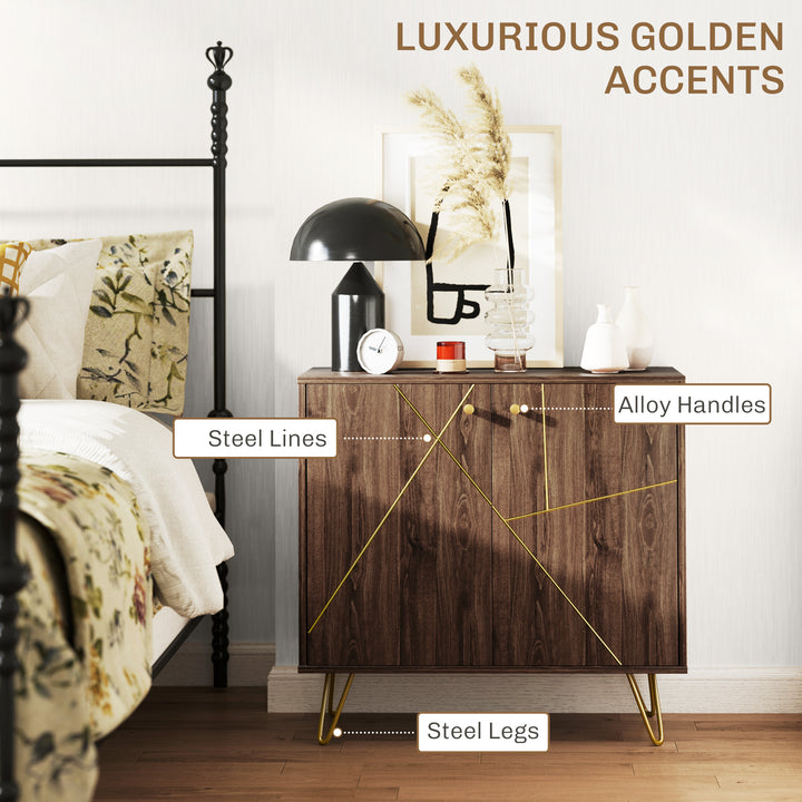 Sideboard Storage Cabinet with Golden Lines, Modern Luxury Living Room Cabinet with Adjustable Shelf, Steel Harpin Legs, Brown