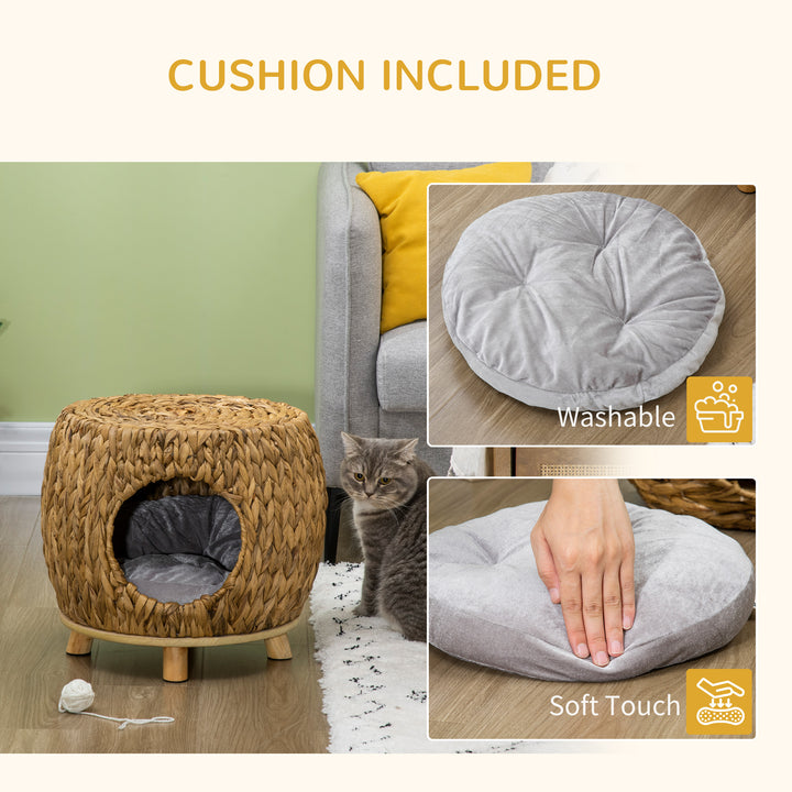 Wicker Cat Bed Cat House Stool with Washable Cushion, 44 x 43 x 41cm