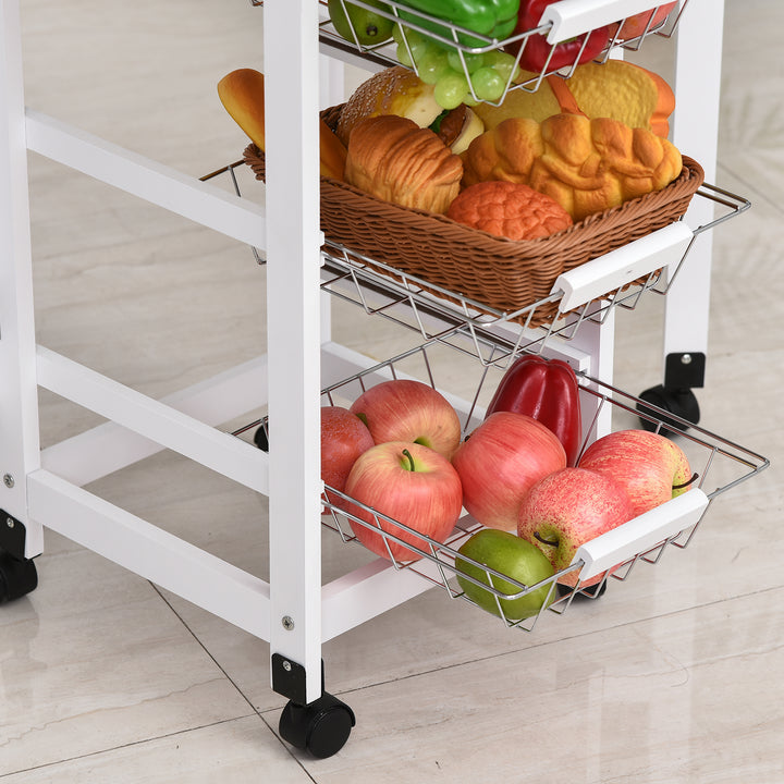 Drop-Leaf Kitchen Cart Trolley w/ 3 Baskets Drawer Surface Top 6 Universal Wheels Rolling Storage Unit Kitchen Home Dining Island White Oak Tone