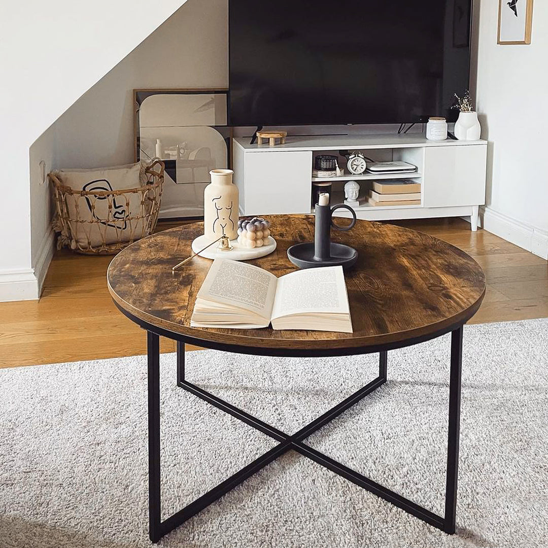 Round Coffee Table, Industrial Side Table with Metal Frame, Large Coffee Tables for Living Room, Bedroom, Rustic Brown