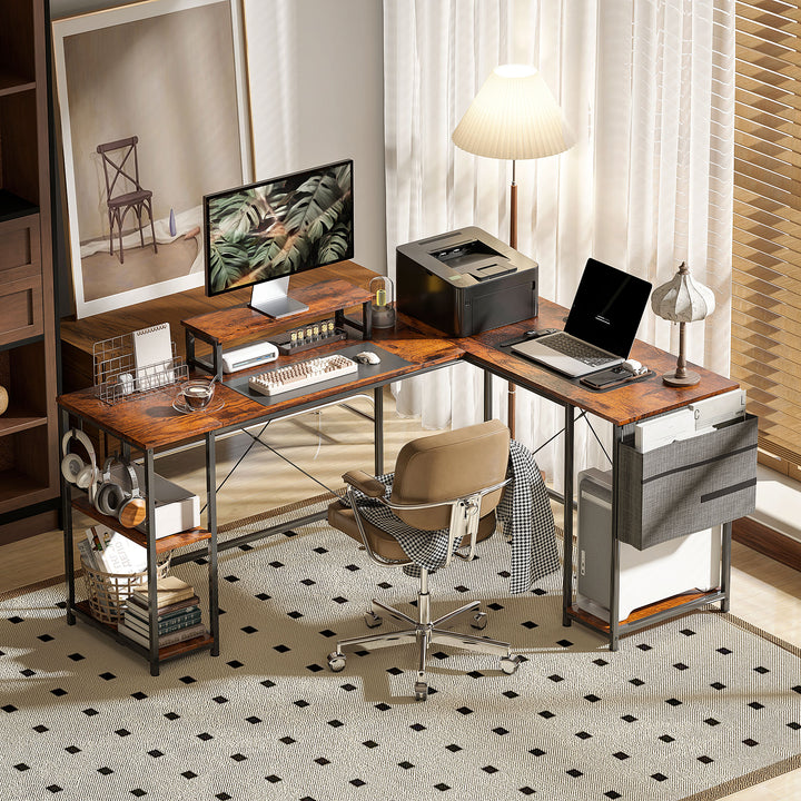 168cm Reversible L Shaped Desk, Industrial Corner Computer Desk with Adjustable Shelf and Storage Bag, 240cm 2 Person PC Table with Monitor Stand, Rustic Brown