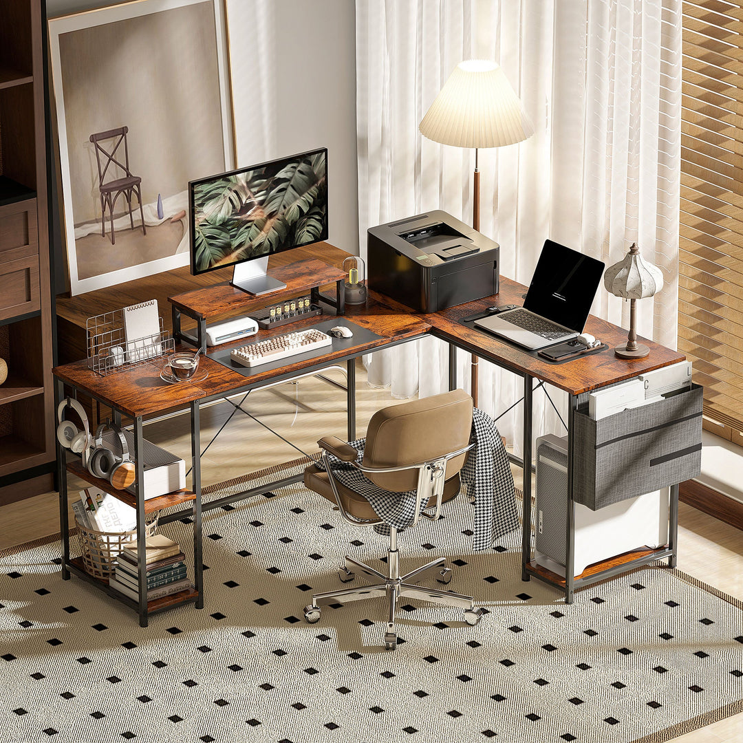 168cm Reversible L Shaped Desk, Industrial Corner Computer Desk with Adjustable Shelf and Storage Bag, 240cm 2 Person PC Table with Monitor Stand, Rustic Brown