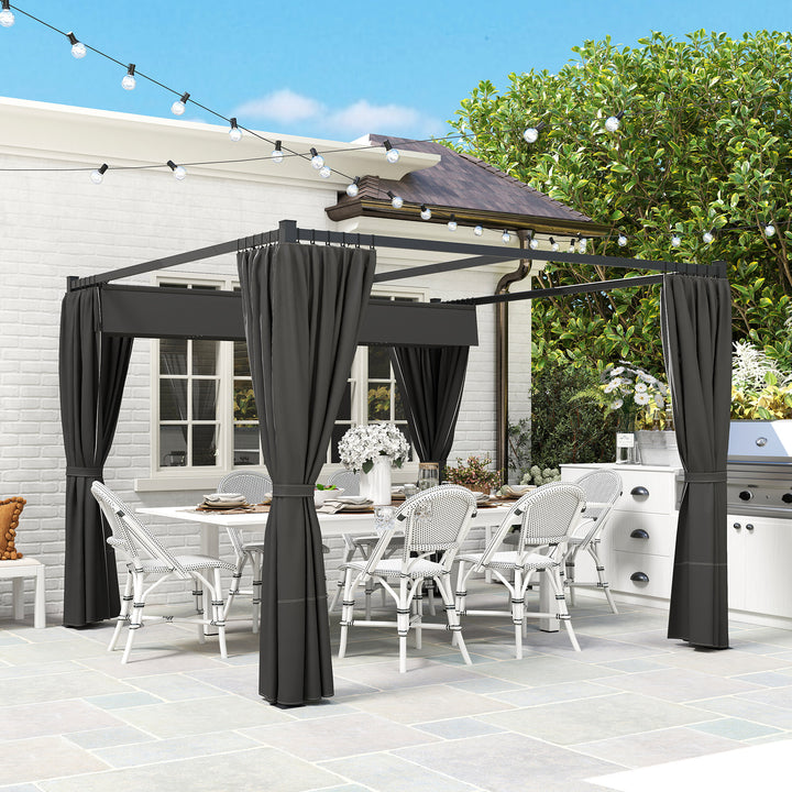 3 x 3(m) Retractable Pergola, Garden Gazebo Shelter with Curtains, for Grill, Patio, Deck, Charcoal Grey
